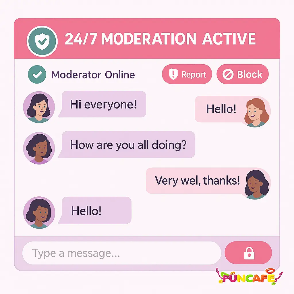 Girls chat room at FunCafe with active moderation features showing safe environment for women to connect and chat comfortably with anti-harassment protection