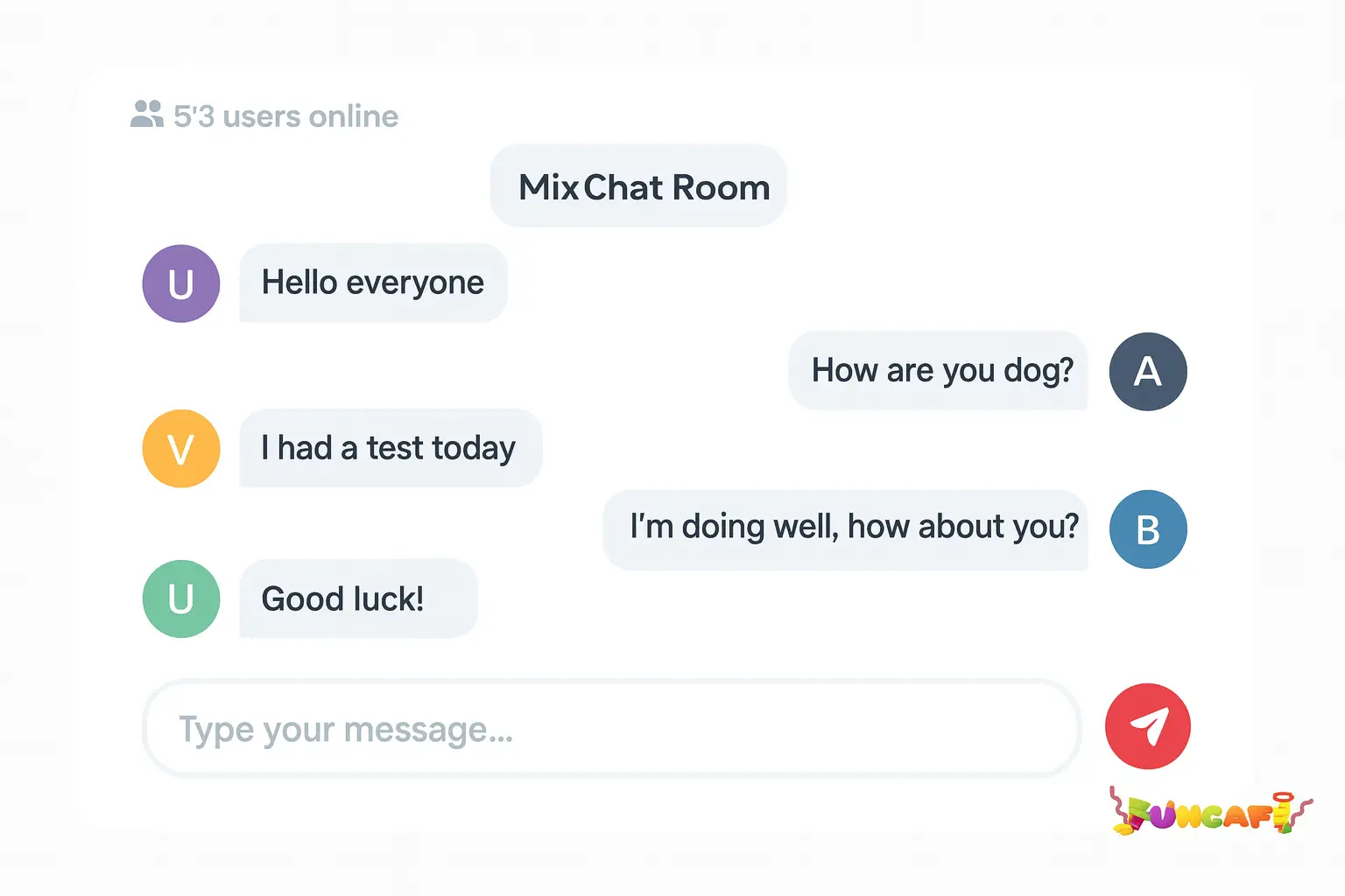 Mix chat room interface showing real-time messaging with diverse users from around the world in a moderated environment at Fun Cafe